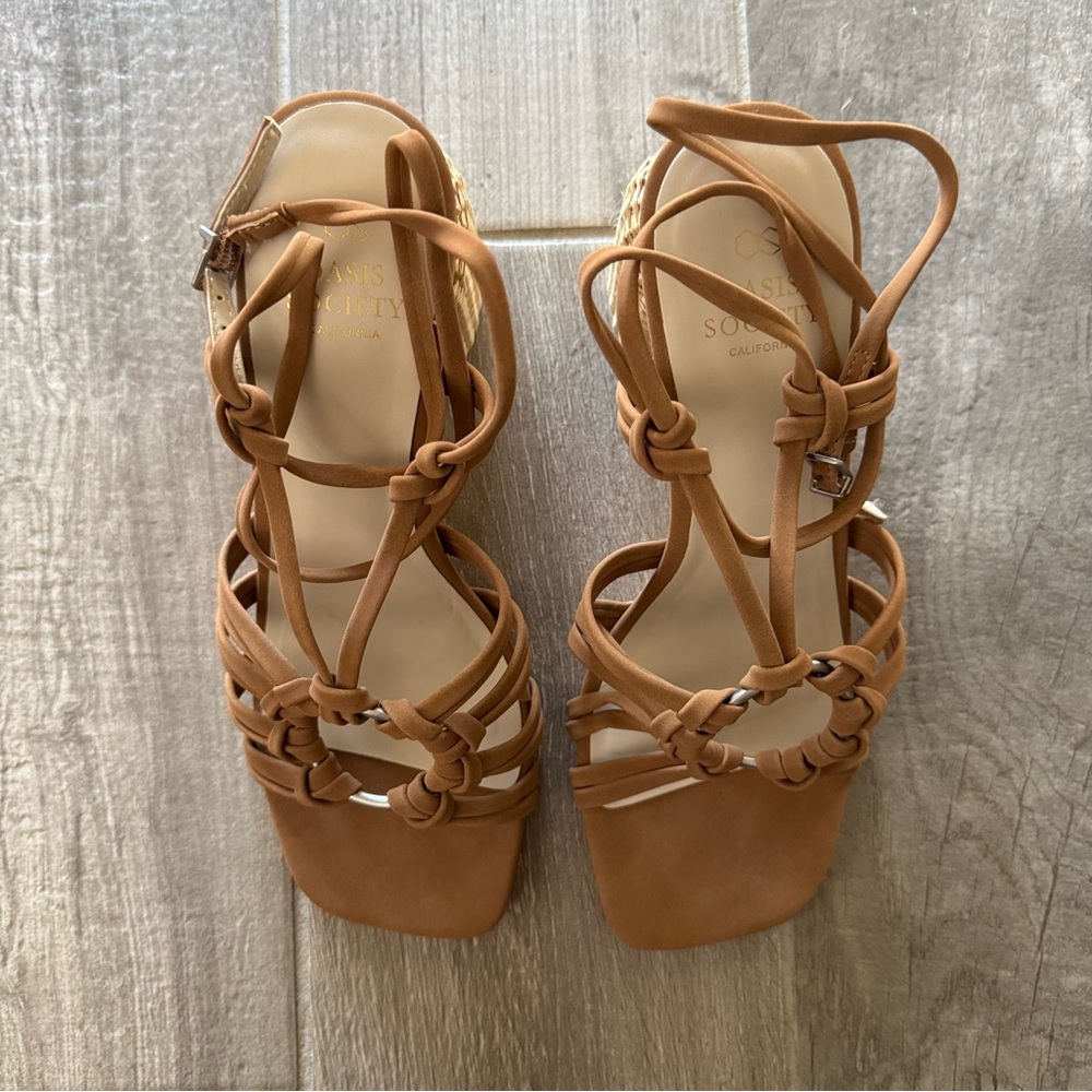Koko Tan Strappy Straw Block Heels - Picture 3 of 12